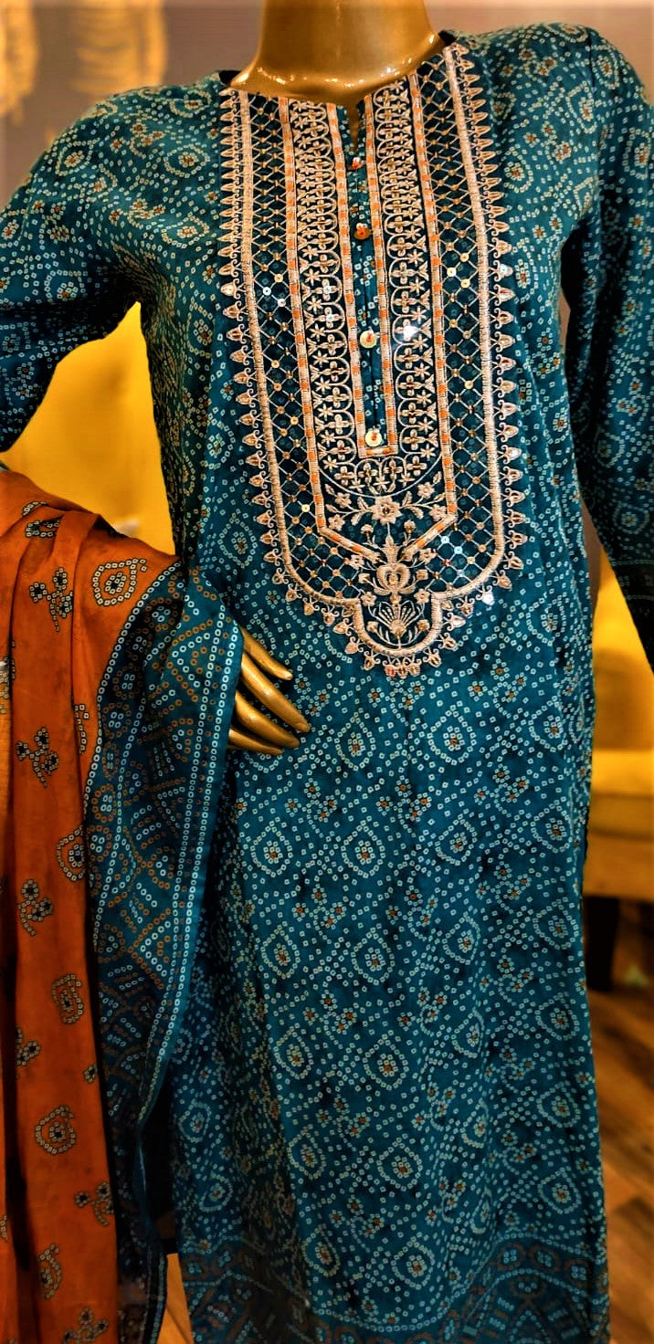 3 Piece Blue Color Chundri Lawn Embroidered Ready to Wear Suit.