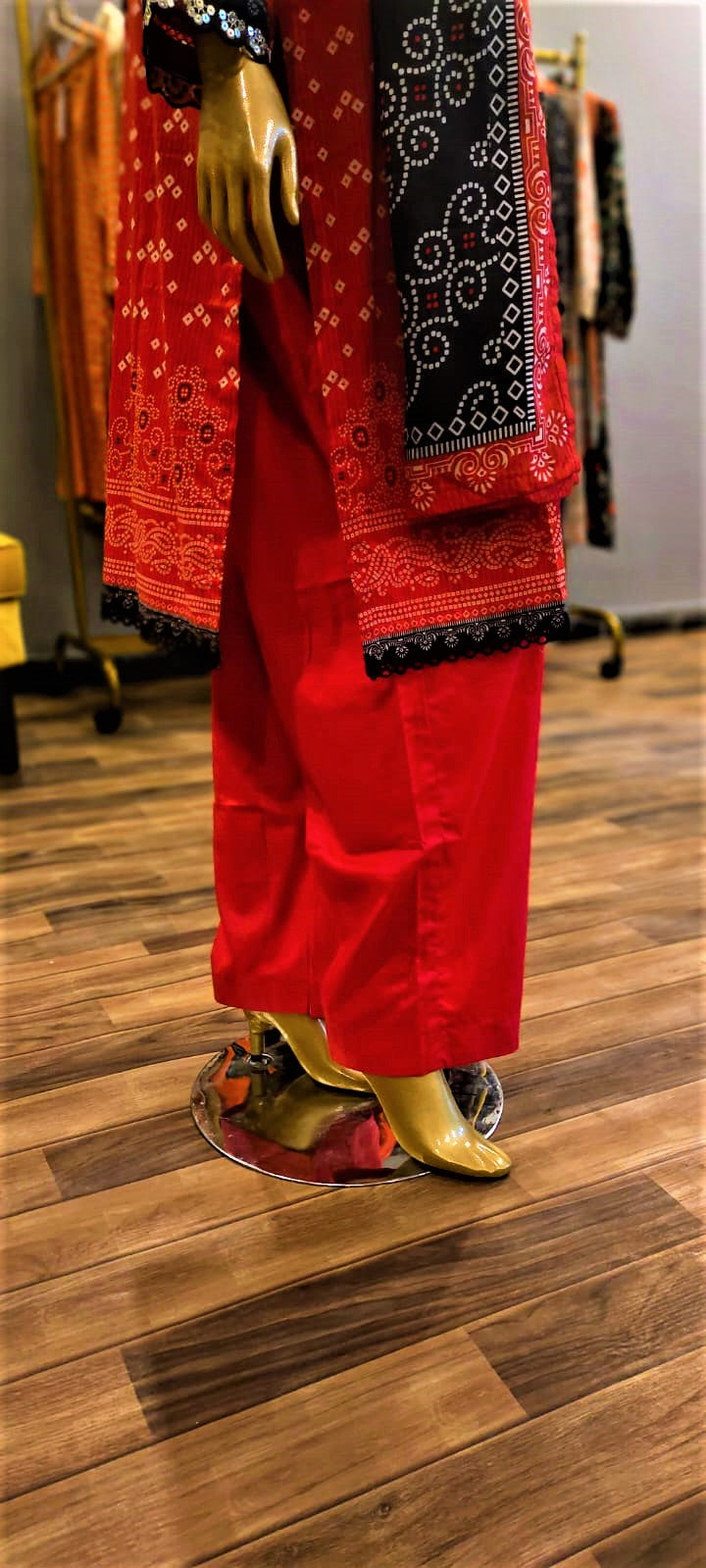 Ready to Wear- 3 Piece Red Color Lawn Embroidered Neck Stitched Suit.