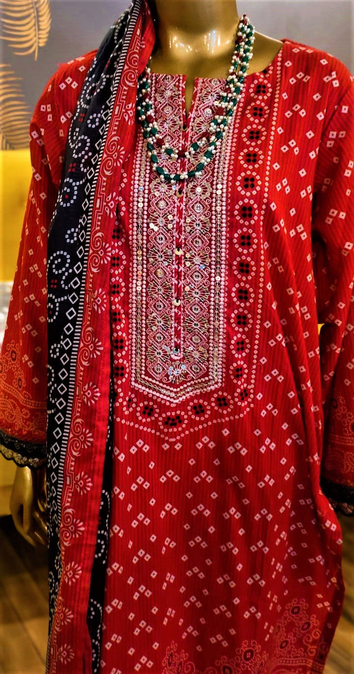 Ready to Wear- 3 Piece Red Color Lawn Embroidered Neck Stitched Suit.