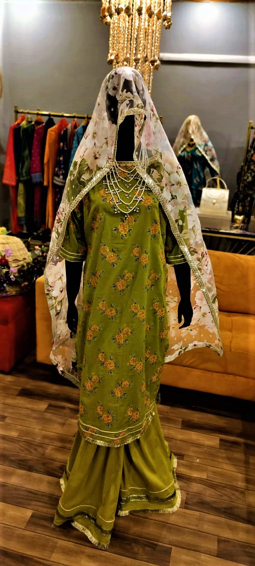 3 Piece Green Color Lawn Suit with Garara and Organza Duppatta