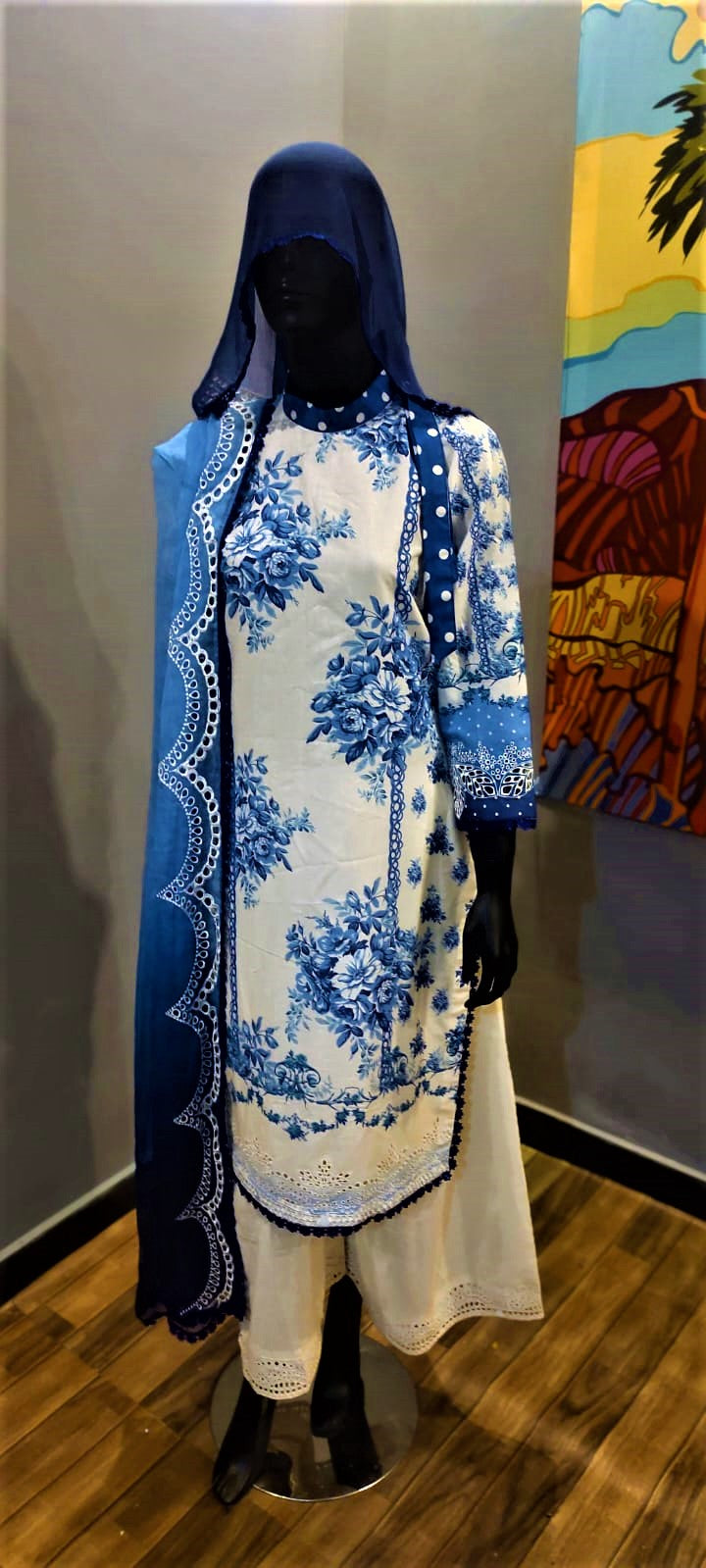 Ready to Wear- 3 Piece -Blue Colour Lawn , Embroidery Shirt & Crinkle Dupatta