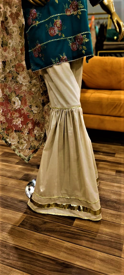 3 Piece Green Color Lawn Suit with Garara and Organza Duppatta
