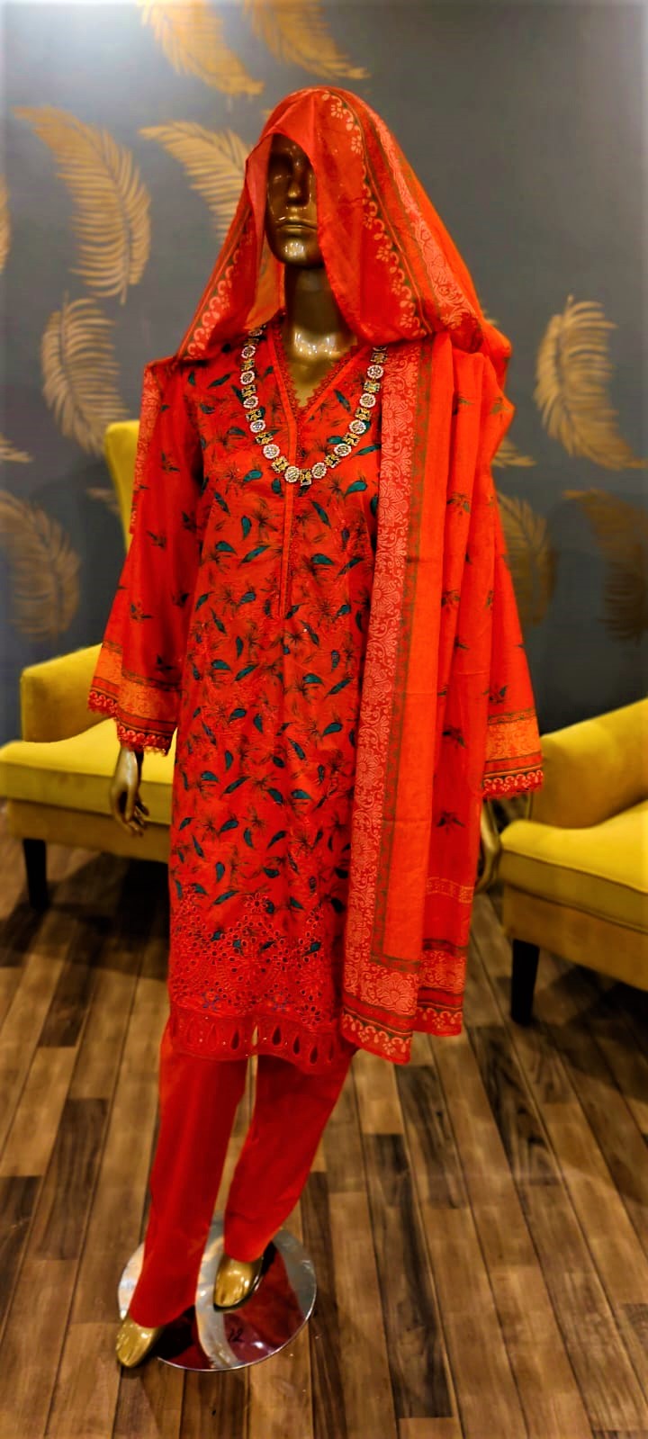 Orange Colour- 3 Piece Cutwork Embroidered Suit.