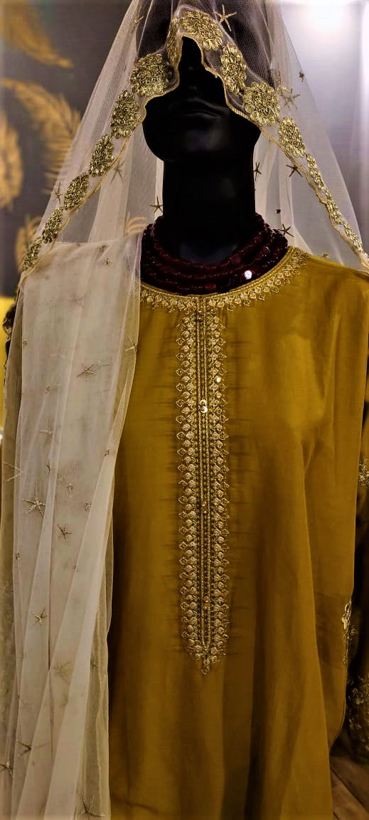 Ready to Wear- 3 Piece -Mustard Color Lawn , Embroidery Neck, Sleeves with Pockets & Organza Dupatta