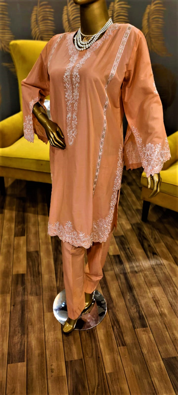 Ready to Wear- 2 Piece -Pink Colour Lawn , Embroidery Shirt (Neck, Sleeves, Daman) with Lawn Trousers.