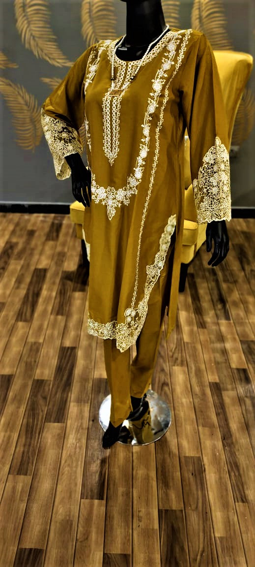 Ready to Wear- 2 Piece -Mustard Color Lawn , Embroidery Shirt and Lawn Trousers