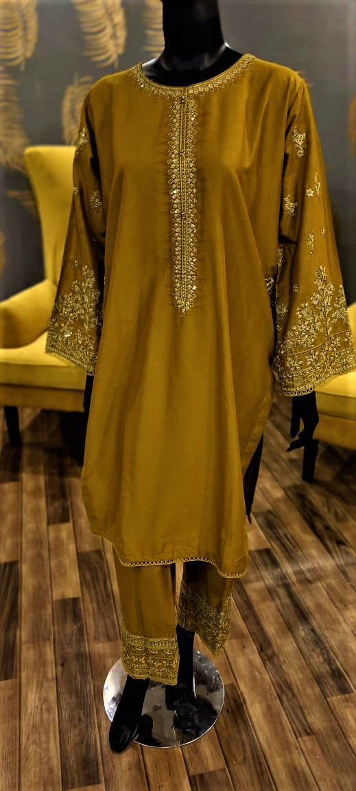 Ready to Wear- 2 Piece -Mustard Color Lawn , Embroidery Neck, Sleeves with Pockets .