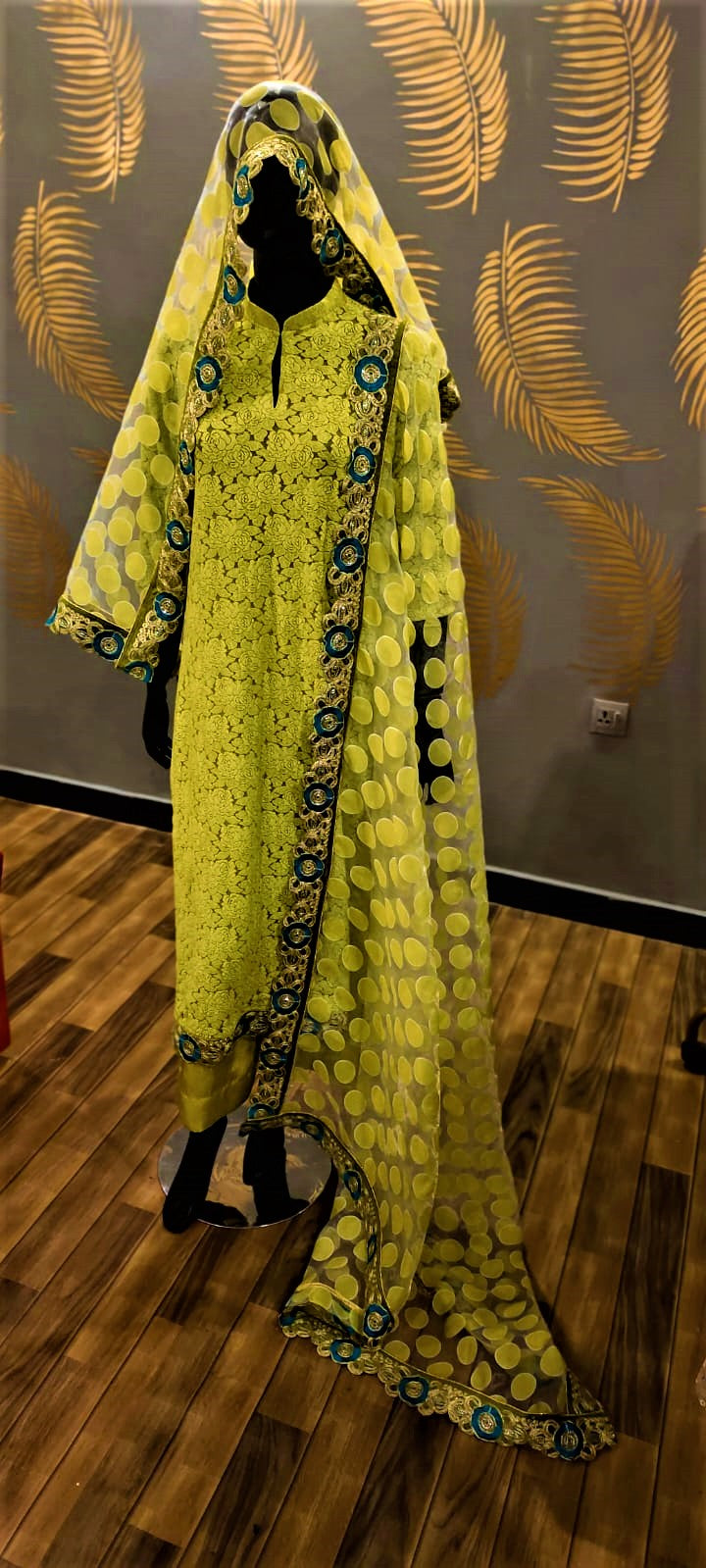 3 Piece Green Net Suit with Silk Trousers and Organza Duppatta