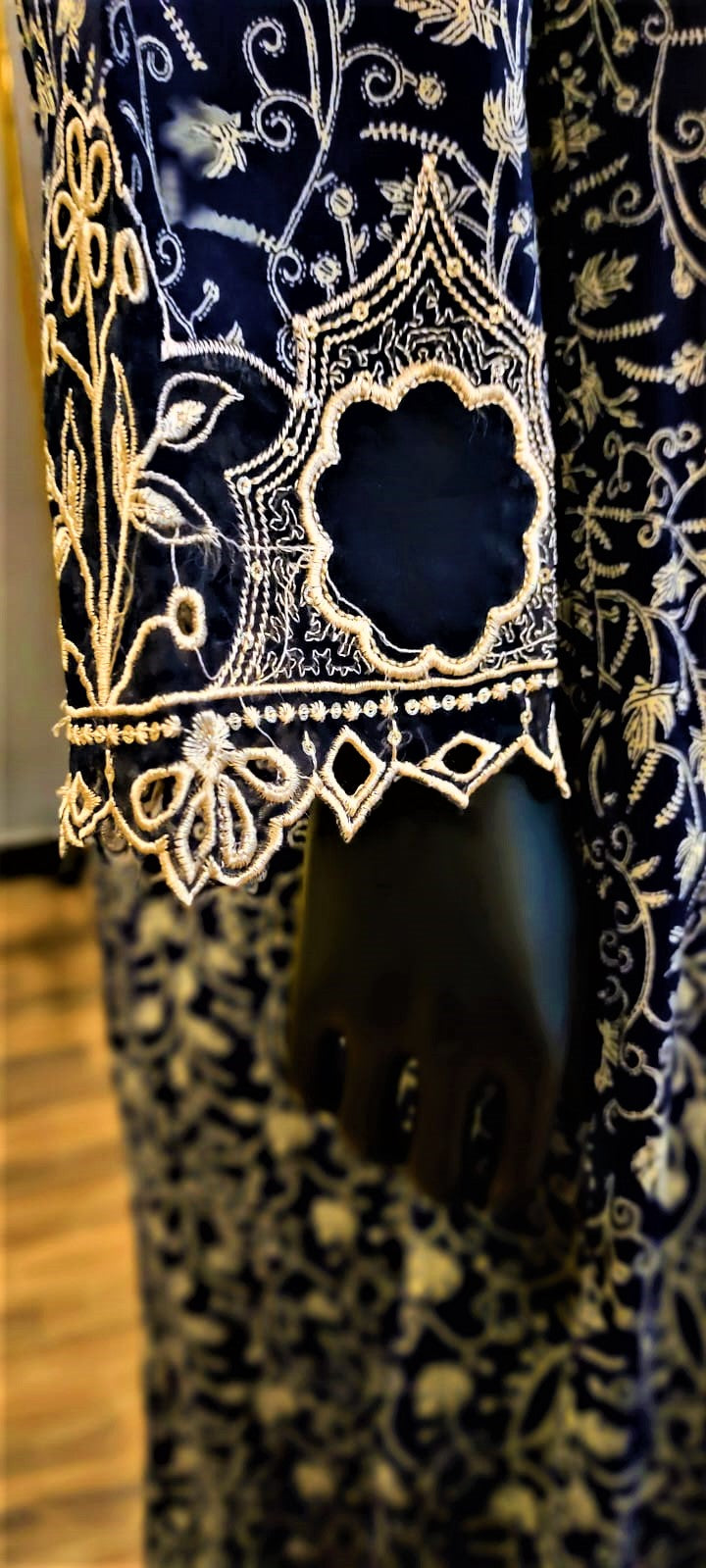 Dark Blue- 3 Piece Cutwork  Embroidered  Suit. Frock Style