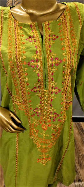 Ready to Wear- 2 Piece -Green Colour Lawn ,  Embroidery Shirt (Neck, Sleeves, Daman) with Lawn Trousers.