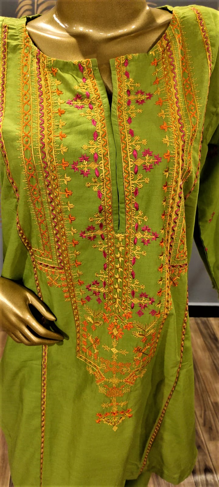 Ready to Wear- 2 Piece -Green Colour Lawn ,  Embroidery Shirt (Neck, Sleeves, Daman) with Lawn Trousers.