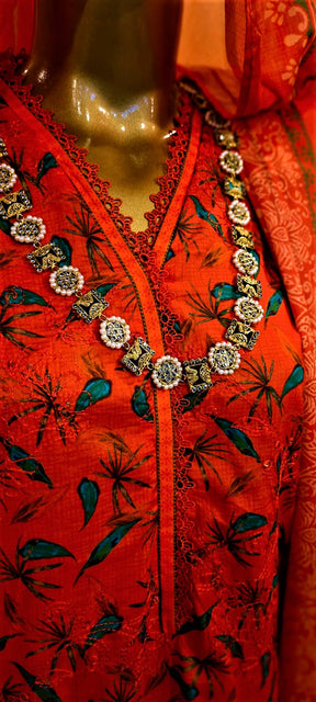 Orange Colour- 3 Piece Cutwork Embroidered  Suit.