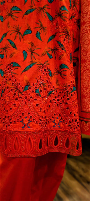 Orange Colour- 3 Piece Cutwork Embroidered  Suit.