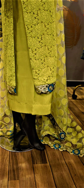 3 Piece Green Net Suit with Silk Trousers and Organza Duppatta