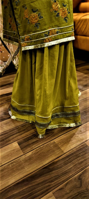 3 Piece Green Color Lawn  Suit with Garara and Organza Duppatta