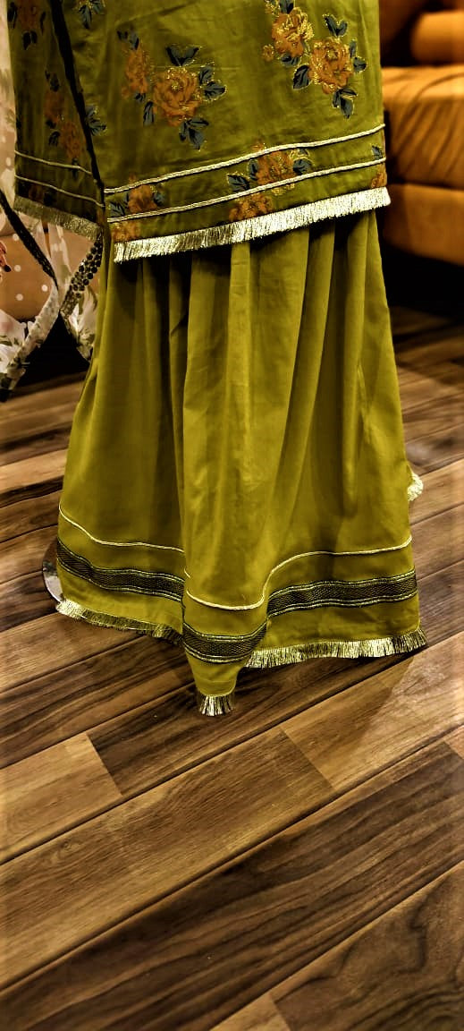 3 Piece Green Color Lawn  Suit with Garara and Organza Duppatta