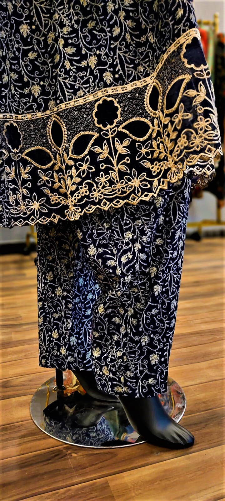 Dark Blue- 3 Piece Cutwork  Embroidered  Suit. Frock Style