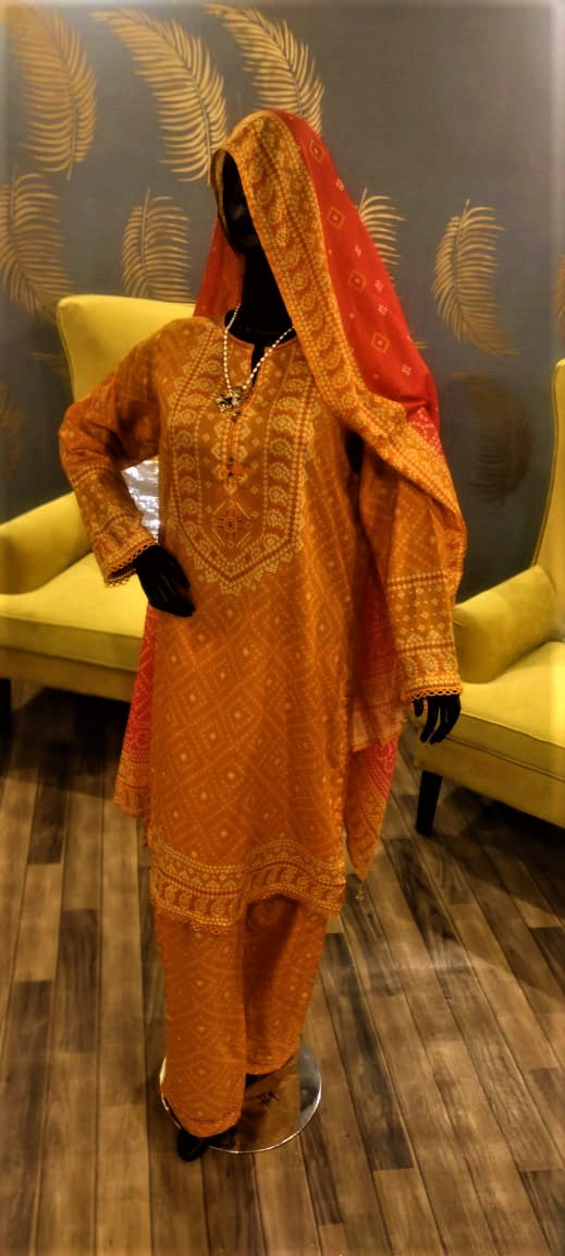 Orange Colour -3 Piece Cundari Stitched Suit.