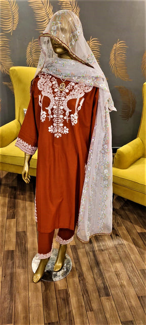 Ready to Wear- 3 Piece -Orange Colour Lawn,  Embroidery Shirt (Neck, Sleeves, Back)- Lawn Embroidery Trousers & Embroidery Net Dupatta..