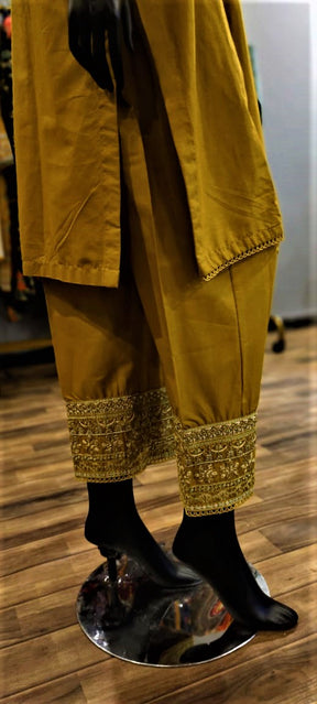 Ready to Wear- 2 Piece -Mustard Color Lawn ,  Embroidery Neck, Sleeves with Pockets .
