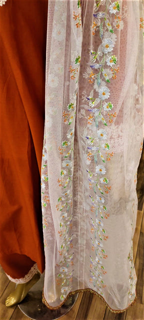 Ready to Wear- 3 Piece -Orange Colour Lawn,  Embroidery Shirt (Neck, Sleeves, Back)- Lawn Embroidery Trousers & Embroidery Net Dupatta..