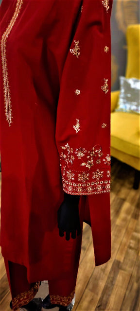 Ready to Wear- 2 Piece -Red Color Lawn Embroidered with Pockets  Stitched Suit.