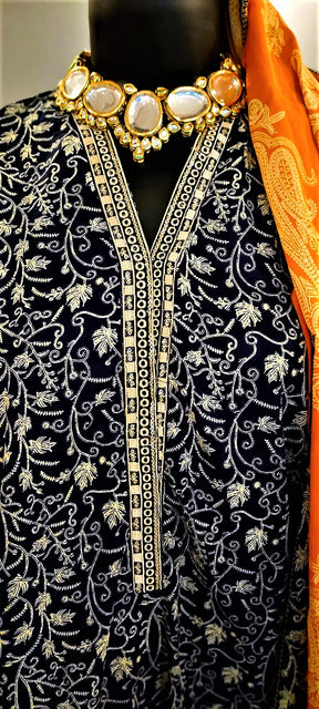 Dark Blue- 3 Piece Cutwork  Embroidered  Suit. Frock Style