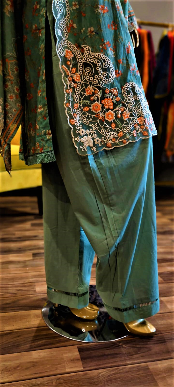 Sea Green Colour-  3 Piece  Embroidered Shirt , Lawn Chickenkari Dupatta and Lawn Trousers.