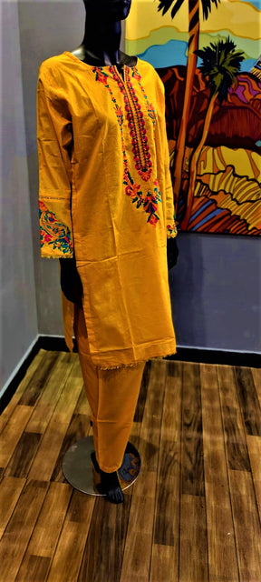 Ready to Wear- 2 Piece -Yellow Colour Lawn ,  Embroidery Shirt (Neck, Sleeves, Daman) with Lawn Trousers. (Copy)