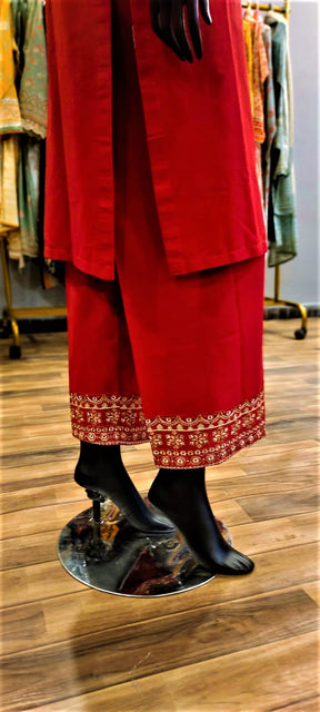 Ready to Wear- 2 Piece -Red Color Lawn Embroidered with Pockets  Stitched Suit.