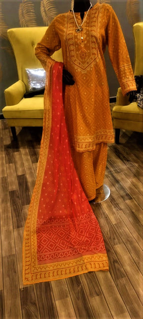 Orange Colour -3 Piece Cundari Stitched Suit.