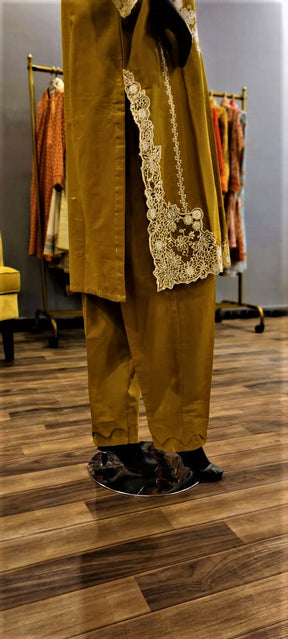 Ready to Wear- 3 Piece -Mustard Color Lawn ,  Embroidery Shirt  , Lawn Trousers & Net Dupatta