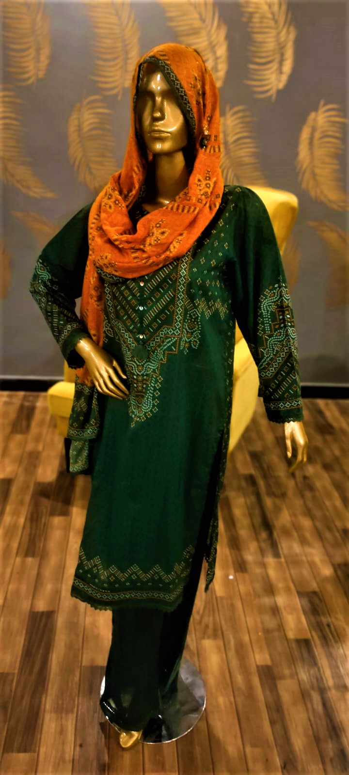 Green Colour -3 Piece Cundari Stitched Suit.