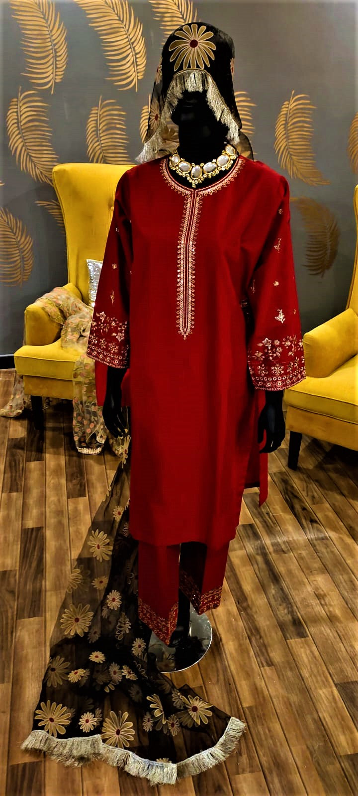 Ready to Wear- 3 Piece -Red Color Lawn Embroidered with Pockets  Stitched Suit with Organza Dupatta..