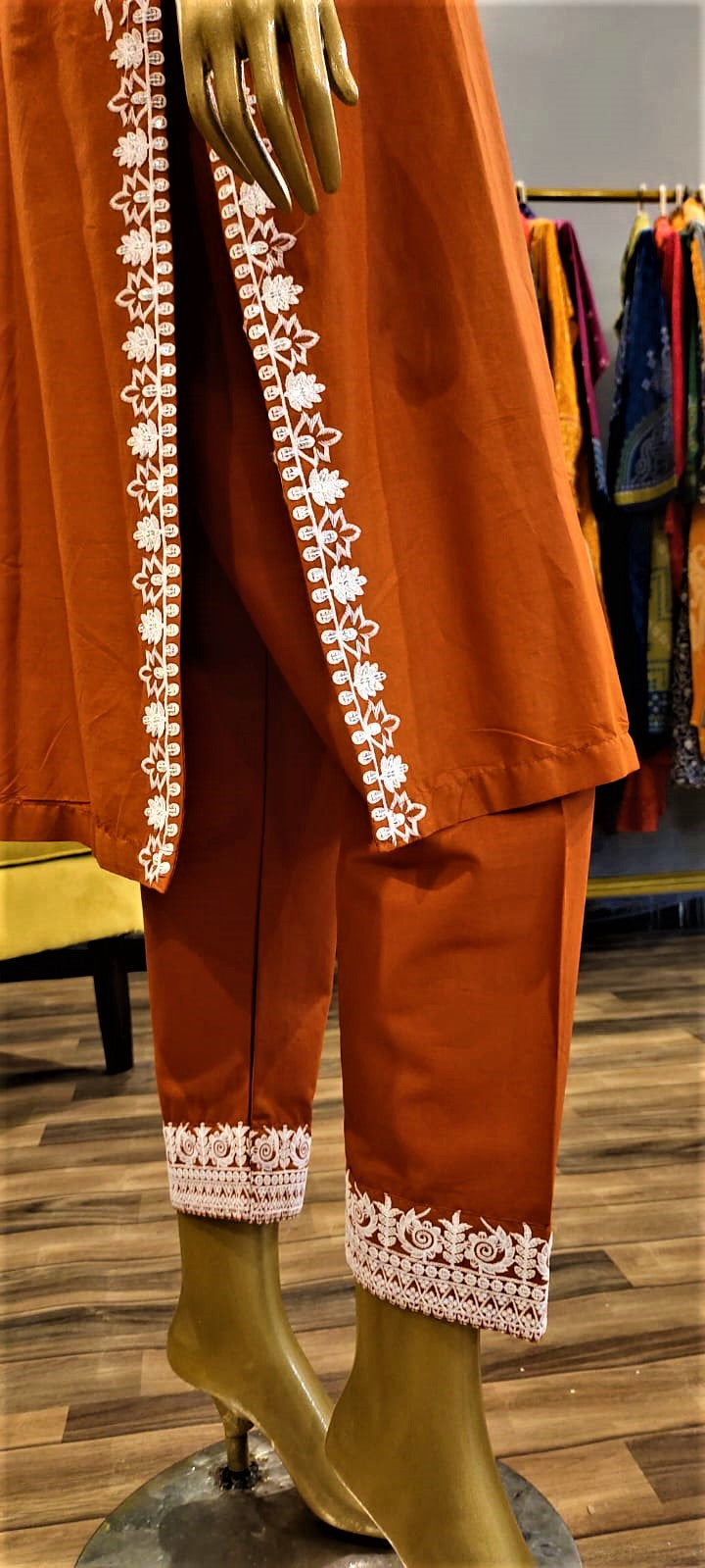 Ready to Wear- 3 Piece -Orange Colour Lawn,  Embroidery Shirt (Neck, Sleeves, Back)- Lawn Embroidery Trousers & Embroidery Net Dupatta..