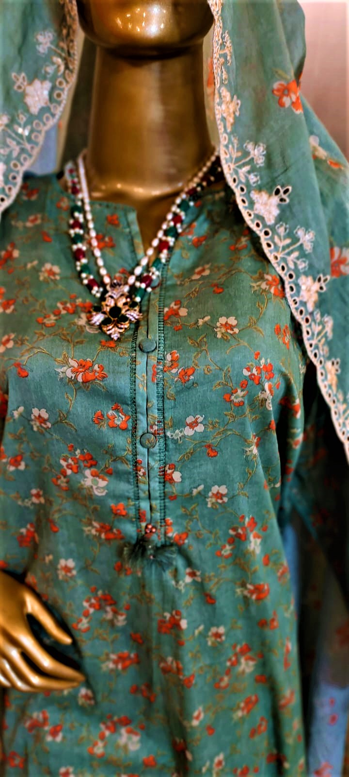 Sea Green Colour-  3 Piece  Embroidered Shirt , Lawn Chickenkari Dupatta and Lawn Trousers.