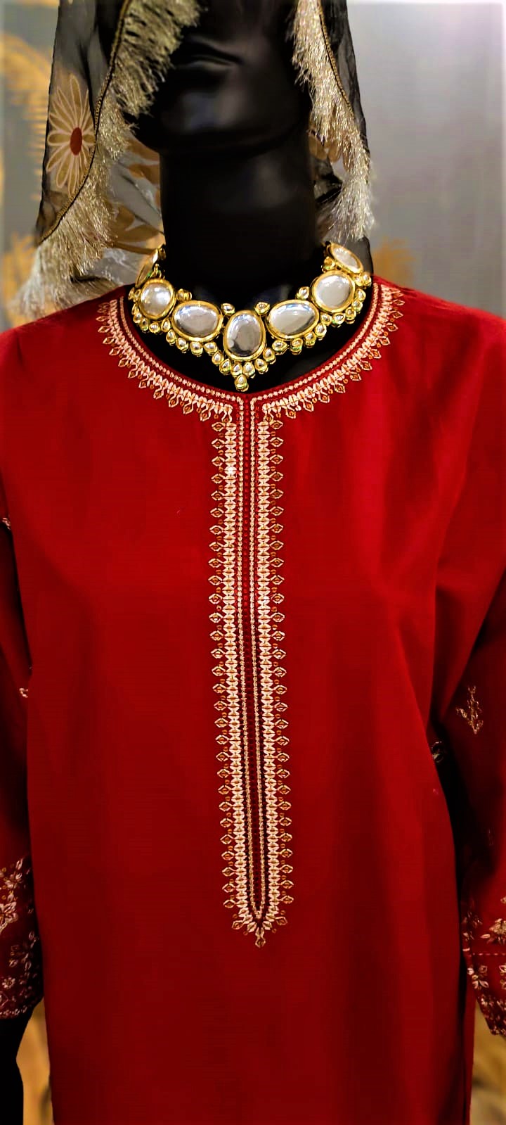 Ready to Wear- 3 Piece -Red Color Lawn Embroidered with Pockets  Stitched Suit with Organza Dupatta..