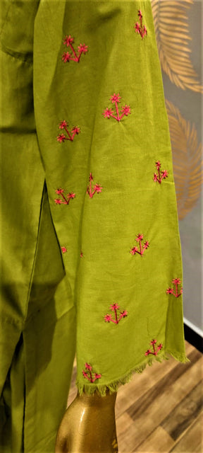 Ready to Wear- 2 Piece -Green Colour Lawn ,  Embroidery Shirt (Neck, Sleeves, Daman) with Lawn Trousers.