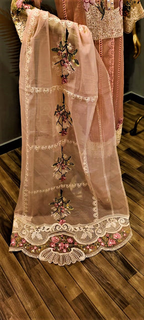 3 Piece Suit - Baby Pink Colour - COLOUR LAWN, EMBROIDERY SHIRT (NECK, SLEEVES, BACK)- LAWN  TROUSERS & EMBROIDERY NET DUPATTA