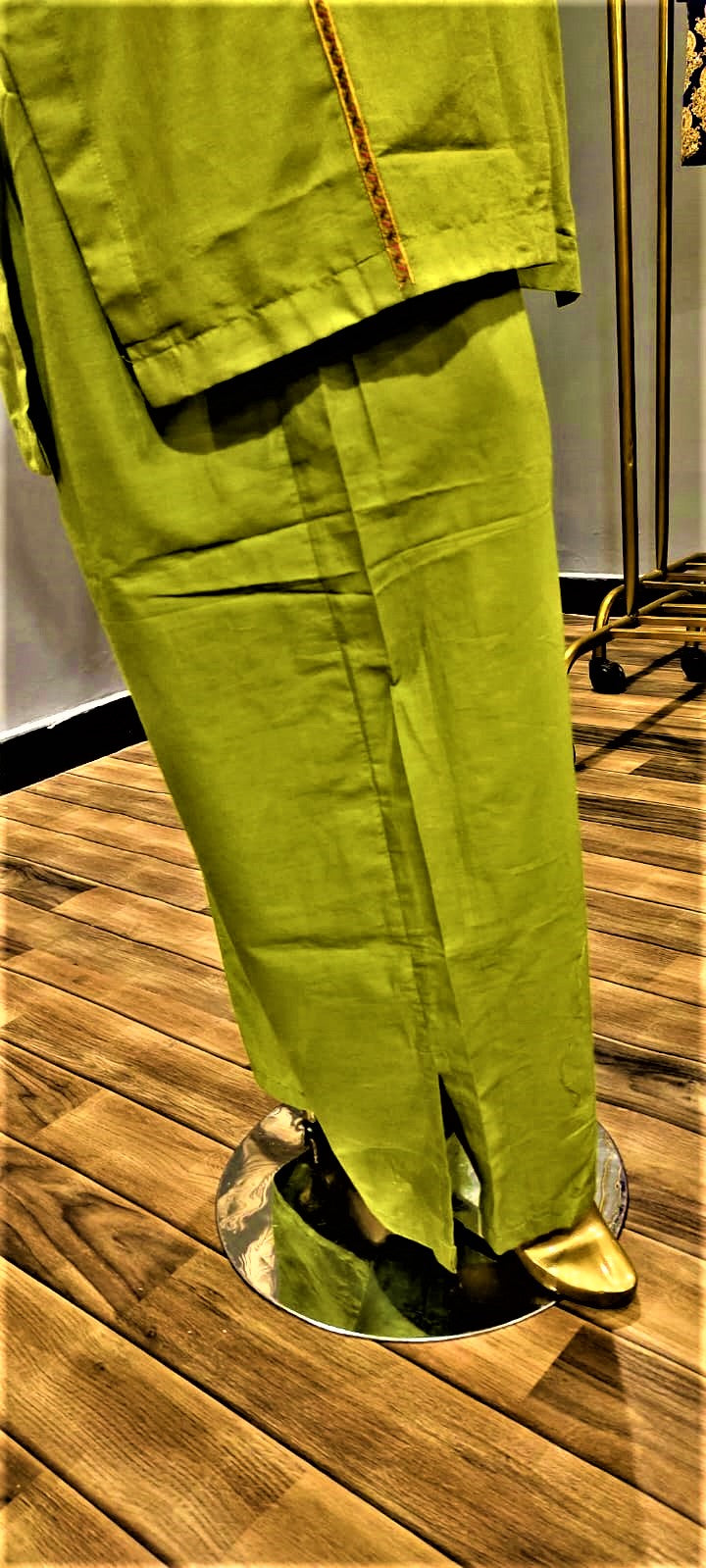 Ready to Wear- 2 Piece -Green Colour Lawn ,  Embroidery Shirt (Neck, Sleeves, Daman) with Lawn Trousers.