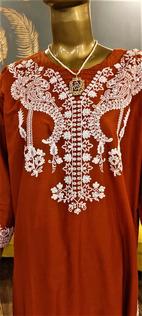 Ready to Wear- 2 Piece -Orange  Colour Lawn ,  Embroidery Shirt (Neck, Sleeves, Back) with Lawn Embroidery  Trousers.