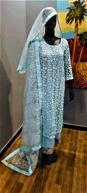 3 Piece Blue Net Suit with Silk Trousers and Organza Dupatta.