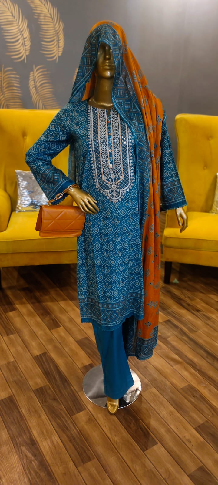 3 Piece Blue Color  Chundri  Lawn Embroidered  Ready to Wear Suit.
