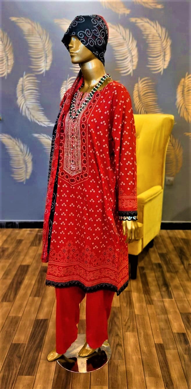Ready to Wear- 3 Piece Red Color Lawn Embroidered  Neck Stitched Suit.