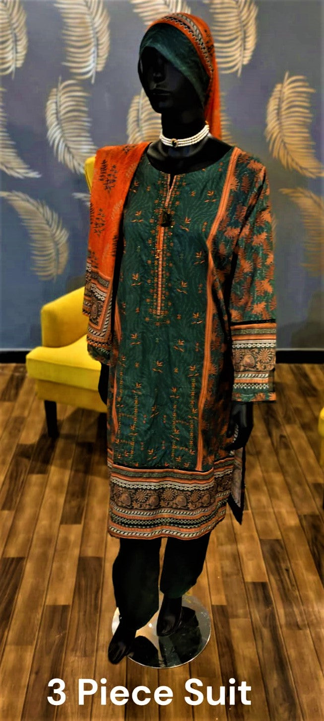 Ready to Wear- 3 Piece Green Color Embroidered Stitched Suit