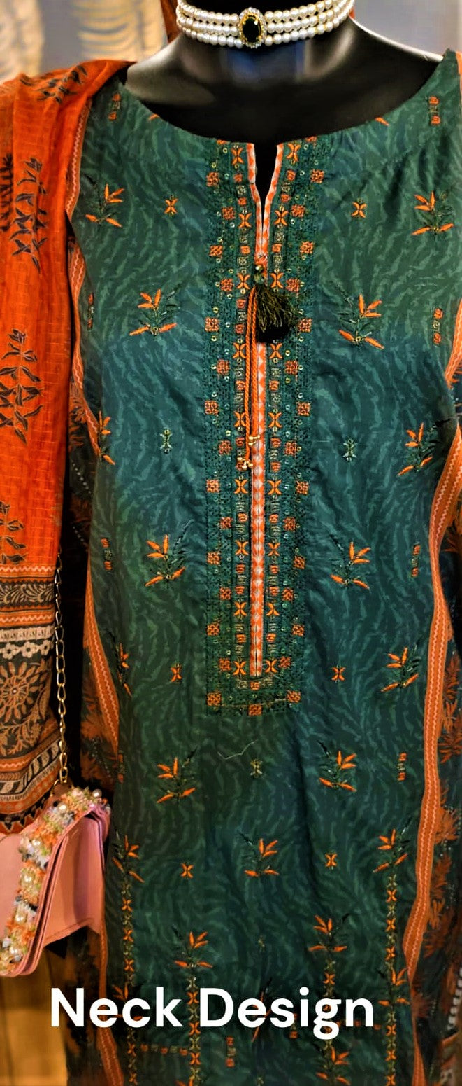 Ready to Wear- 3 Piece Green Color Embroidered Stitched Suit