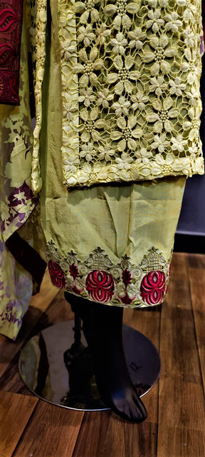 3 Piece Suit - Yellow Colour -  Net SHIRT - SILK TROUSERS & Orangza  DUPATTA.