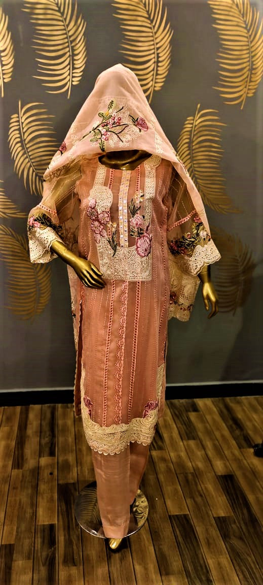 3 Piece Suit - Baby Pink Colour - COLOUR LAWN, EMBROIDERY SHIRT (NECK, SLEEVES, BACK)- LAWN  TROUSERS & EMBROIDERY NET DUPATTA