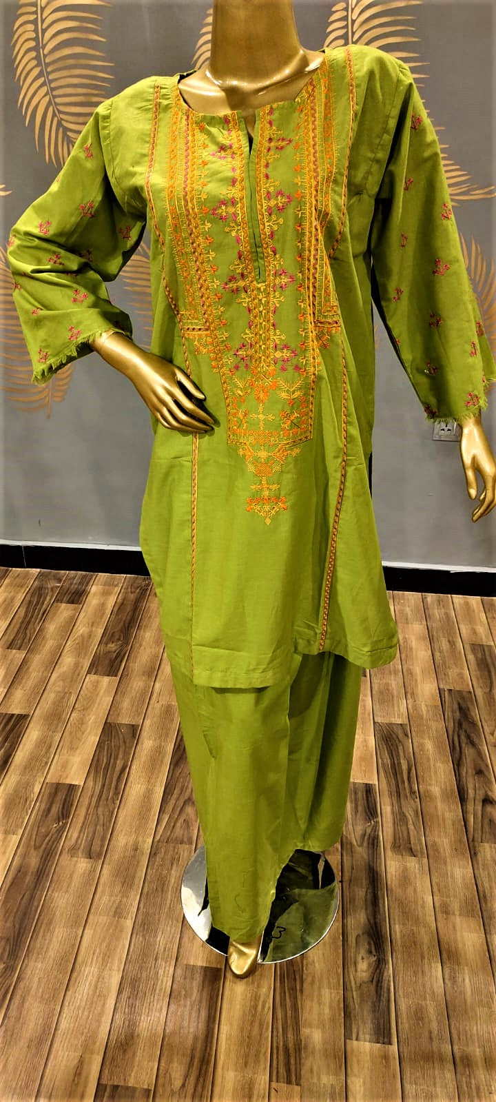 Ready to Wear- 2 Piece -Green Colour Lawn ,  Embroidery Shirt (Neck, Sleeves, Daman) with Lawn Trousers.