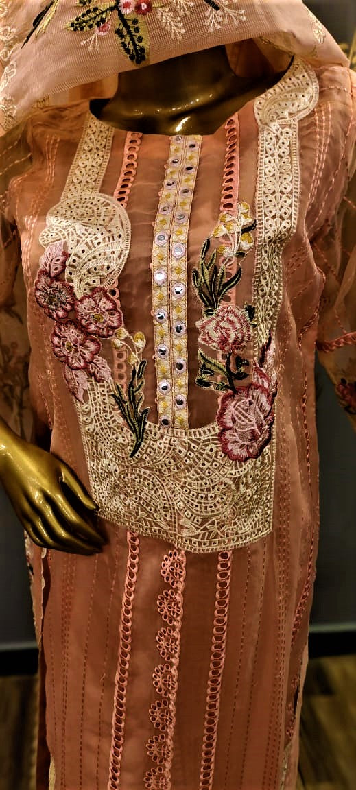 3 Piece Suit - Baby Pink Colour - COLOUR LAWN, EMBROIDERY SHIRT (NECK, SLEEVES, BACK)- LAWN  TROUSERS & EMBROIDERY NET DUPATTA